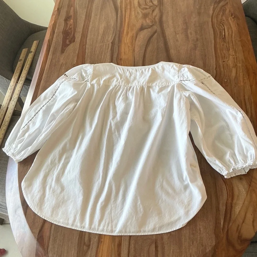 LOFT White Cotton Ladder Lace Balloon Sleeve Blouse Womens Medium Split Neck